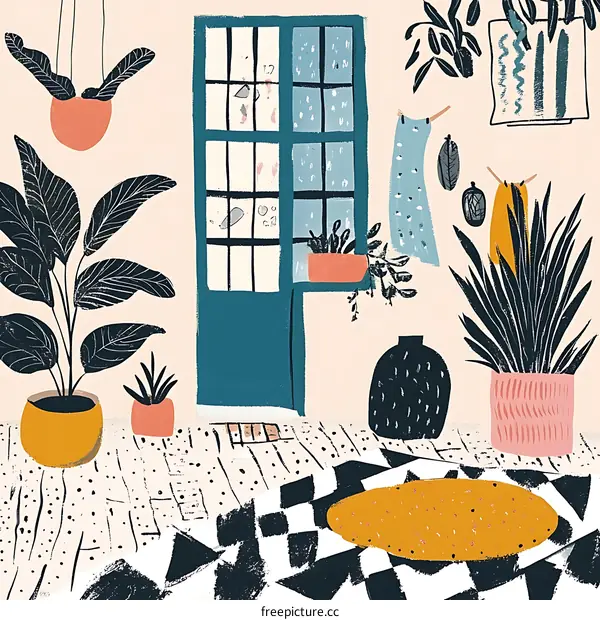 Colorful Illustration of a Room with Plants and a Window