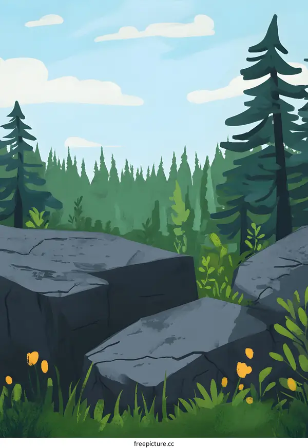 Green Forest Illustration with Rocks and Flowers