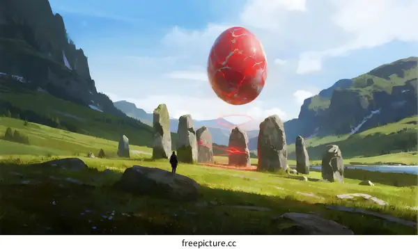 Floating Red Egg Over Ancient Stone Circle in Mountain Valley