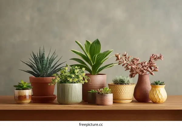 Various Houseplants in Pots on a Wooden Surface