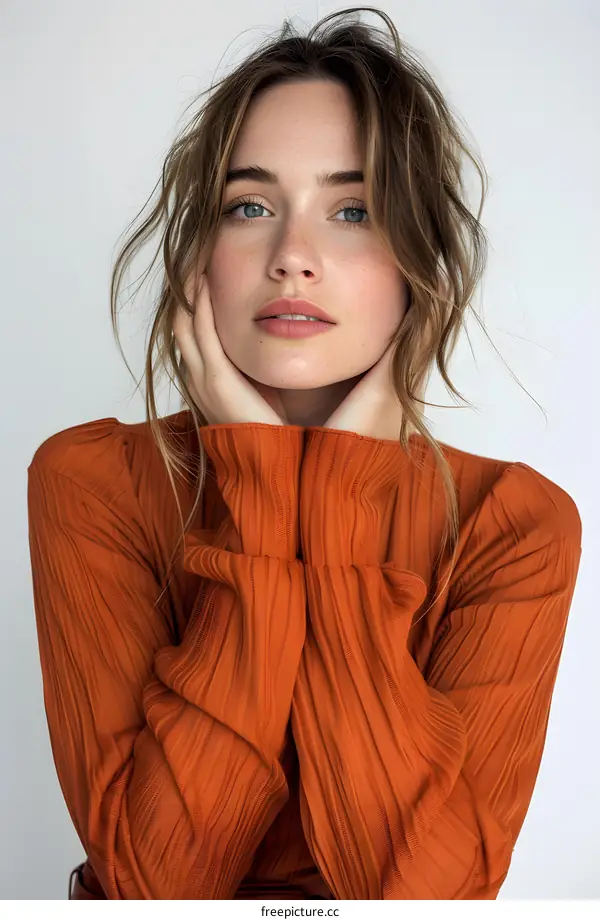 Portrait of a Woman in Orange Sweater with Hands Under Chin