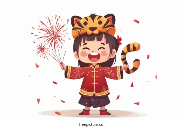 A cute cartoon girl wearing a tiger hat and holding firecrackers