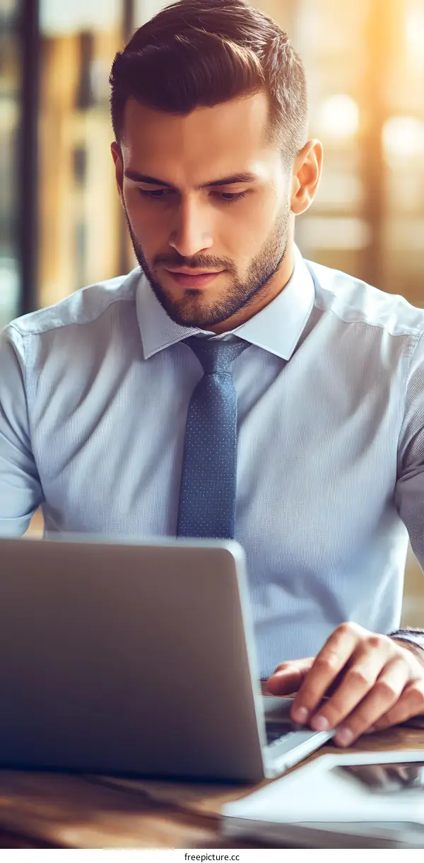 Businessman Working on Laptop at Cafe