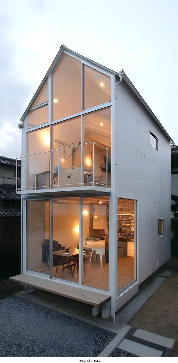 Modern Two Story Glass House with Wooden Deck