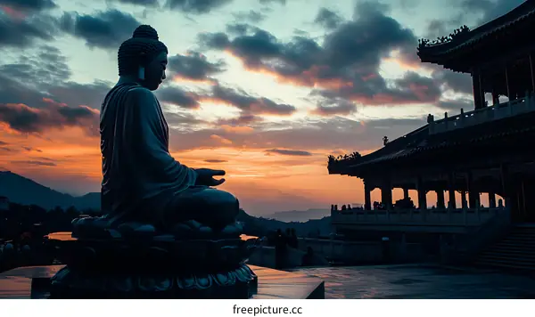 Buddha Statue at Sunset with Temple in Background