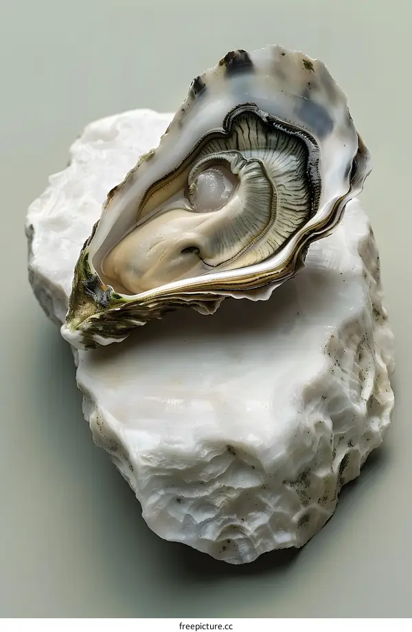Fresh open oyster on white stone