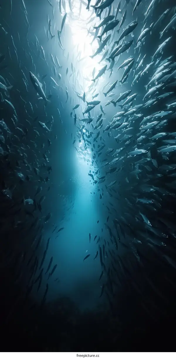A large school of fish swim in a deep blue sea