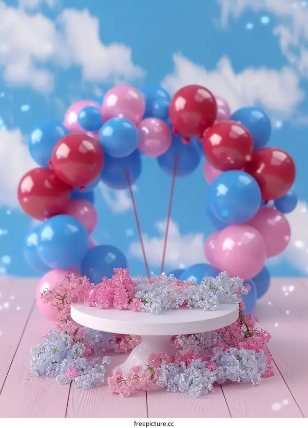 Pink and blue balloons with flowers on a white cake stand