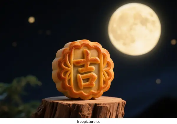 Mooncake with Chinese Character 'Ji' Under Full Moon