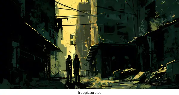 Two People Standing In A Narrow Alley In A City