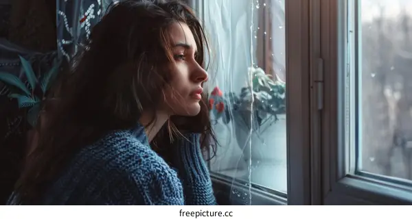 A young woman is sitting by the window looking outside, with a thoughtful expression on her face