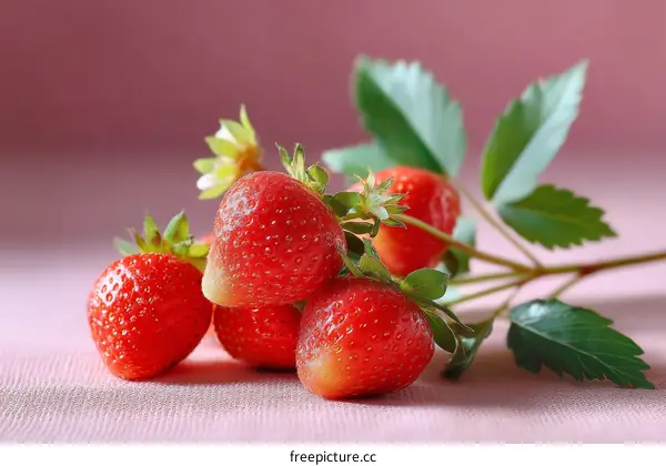 Close-up Fresh Strawberries with Leaves