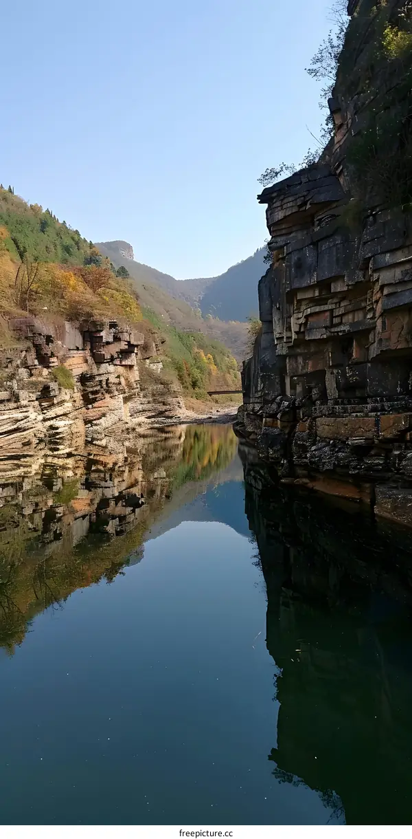 Reflection of Mountain Rocks in a Still Lake