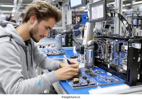 Technician Working on Circuit Board in Manufacturing Facility