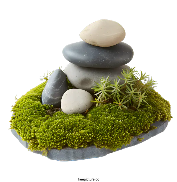 [Transparent Background PNG]Stack of Stones on a Bed of Moss