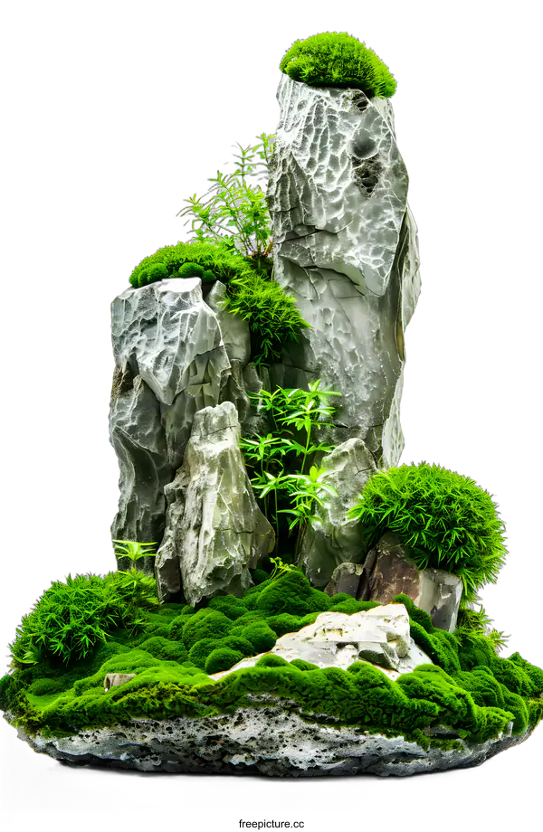 [Transparent Background PNG]Green Moss Covered Rocks Isolated on White Background
