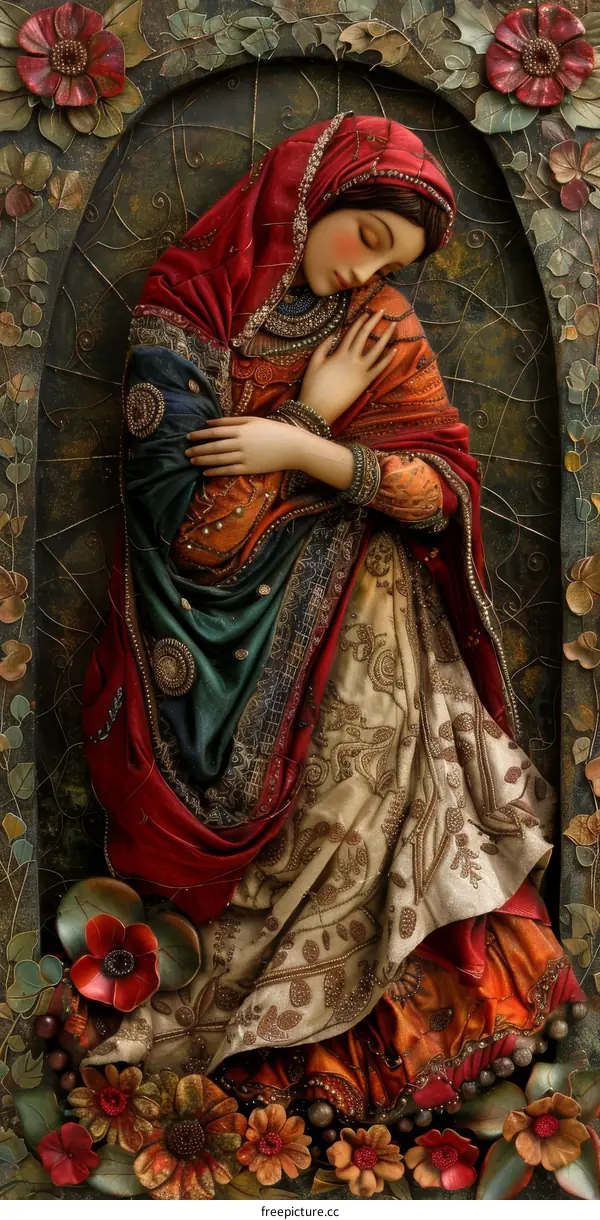 Exquisite Tapestry of Virgin Mary with Red and Gold Attire