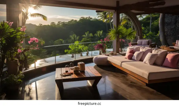 Modernbohemian interior design living room with amazing jungle view