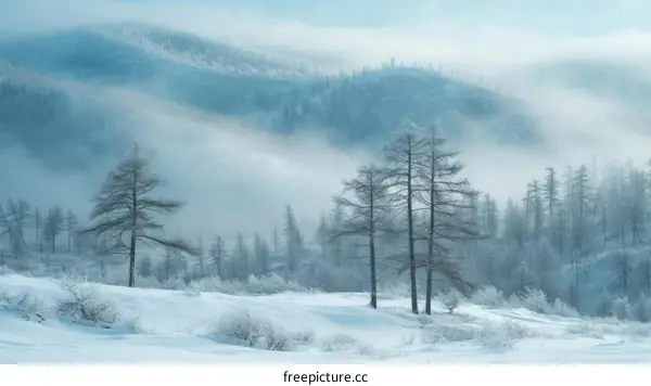 Snow-covered trees and hills in the distance