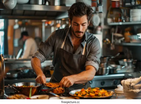 Focused male chef plating food in commercial kitchen