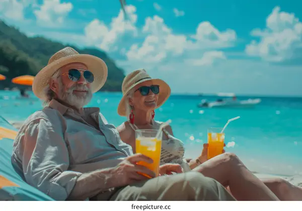 Happy senior couple relaxing on a tropical beach