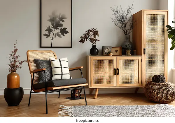 Modern Bohemian Living Room with Woven Furniture