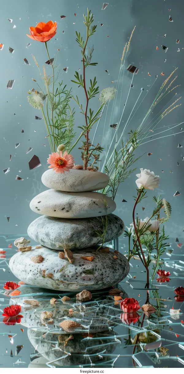 Stones and flowers composition on a mirrored surface with water drops