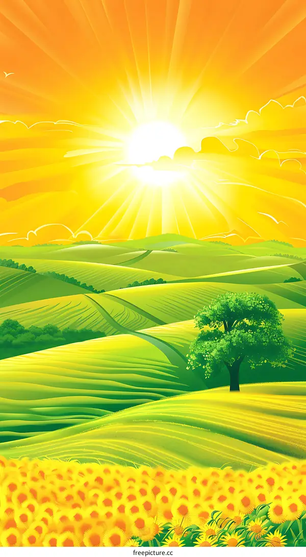 Sun Rays Shining Through Clouds Over Green Hills with Sunflowers