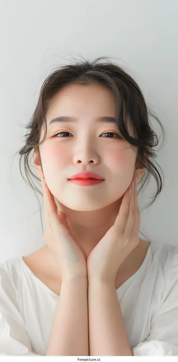 Beautiful Young Asian Woman Posing With Hands On Chin