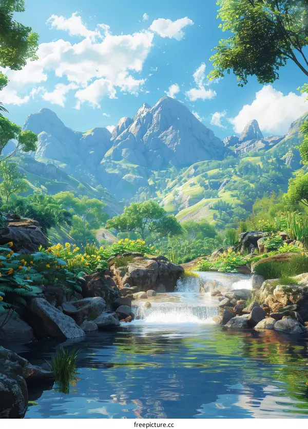 Fantasy landscape art with mountains, river and trees