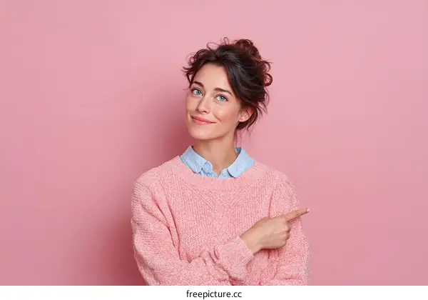 Woman in Pink Sweater Pointing to the Right