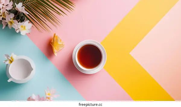 Summer Tea Party with Tropical Flowers on Colorful Background
