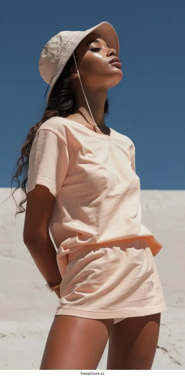 Image of a woman wearing a hat and shorts