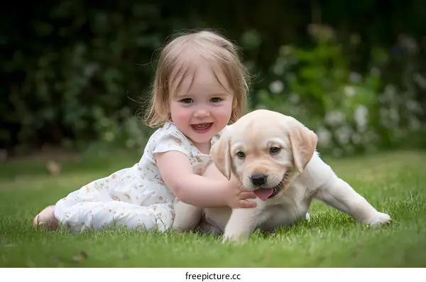 Little Girl Playing With Labrador Puppy In Grass