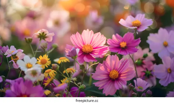 Pink Cosmos Flowers Blooming in Summer Garden