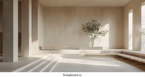 Minimalist Interior Design with a Tree and Wooden Bench