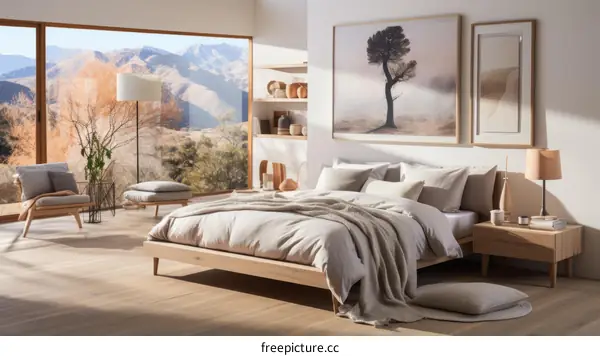 Modern bedroom interior with a large bed, a comfortable armchair, and a beautiful view of the mountains.