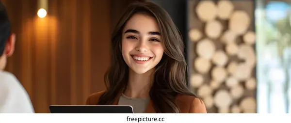 Smiling Woman Holding a Tablet in a Modern Office