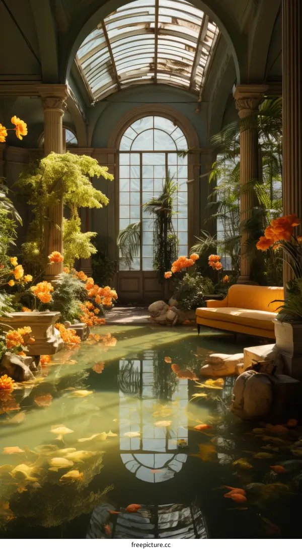 ornate interior space with water, plants, and yellow couch