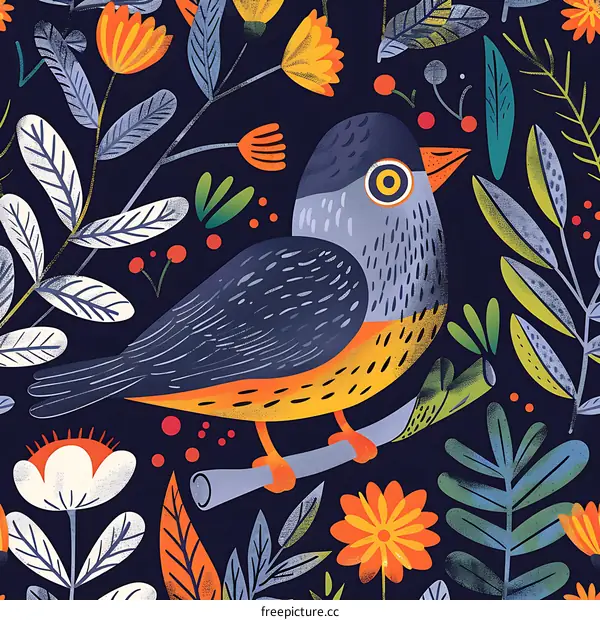 Colorful Bird on Branch in Floral Pattern