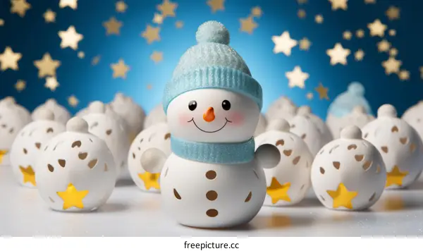 A cute snowman stands in front of a blue background with many white balls with golden stars around it