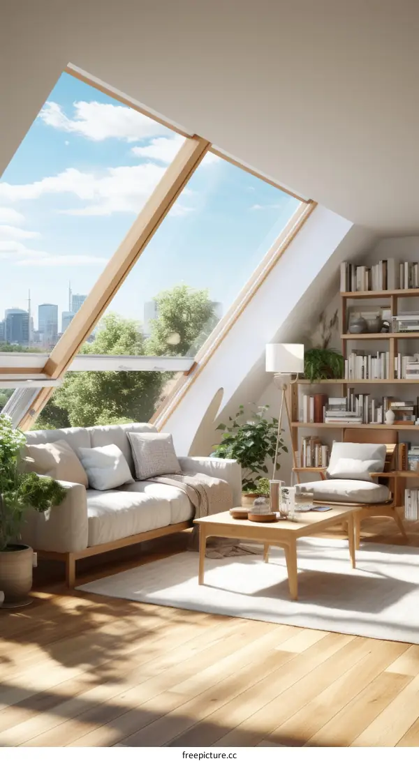 Bright Attic Living Room with Large Windows and Wood Furniture