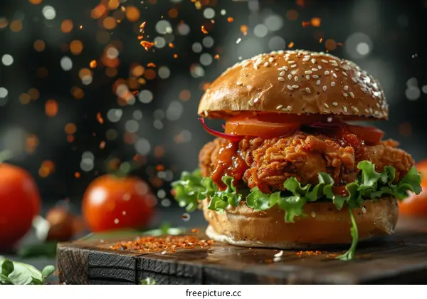 Crispy Chicken Sandwich with Tomato, Lettuce, and Red Onion on a Sesame Seed Bun