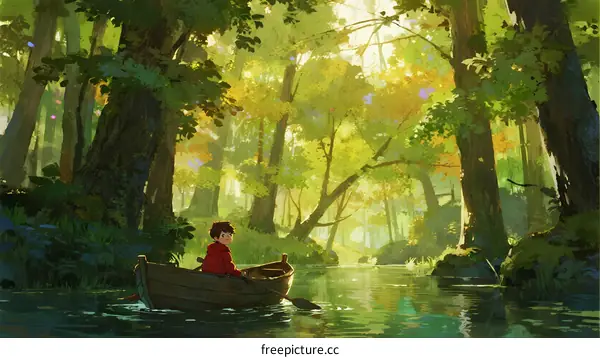 A Boy in Red Boat Sailing Through Sunlit Forest Stream