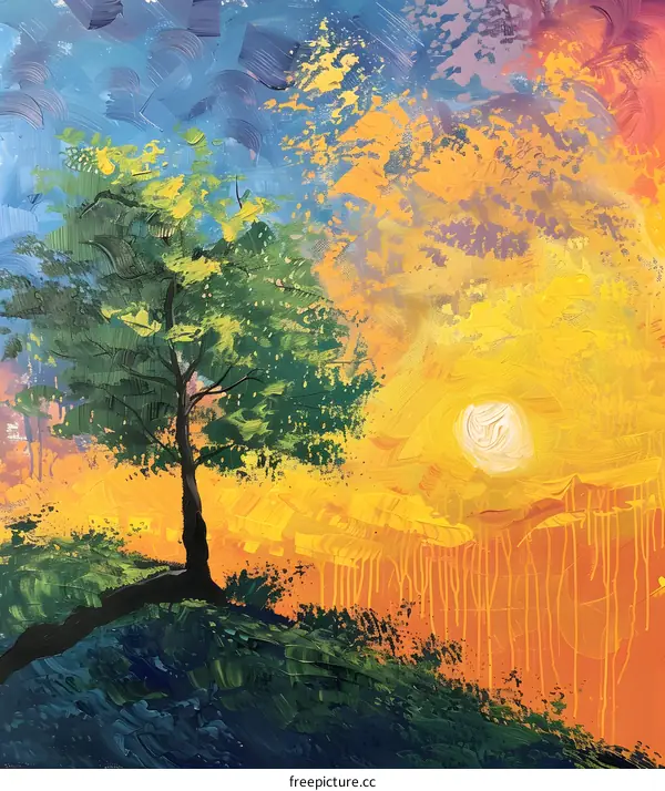 Abstract Sunset Landscape With Green Tree