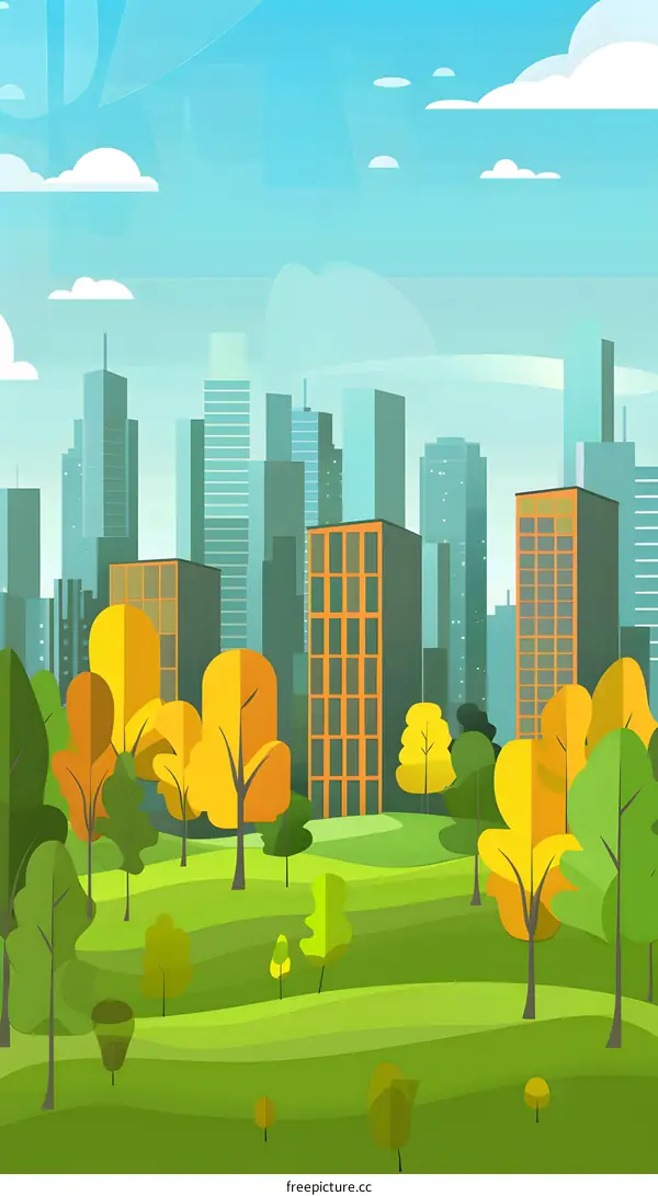 Cityscape with Green Grass and Trees