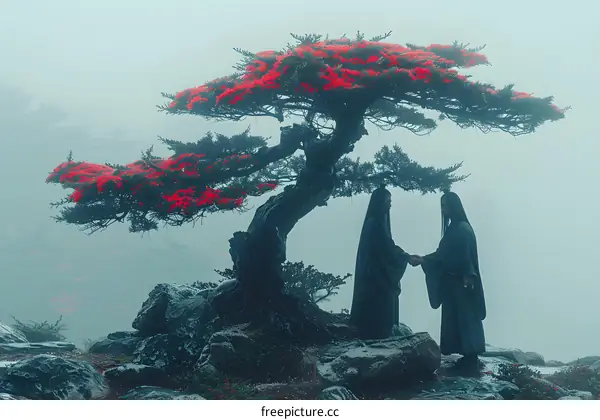 Two people in black kimono standing under a red leaf tree