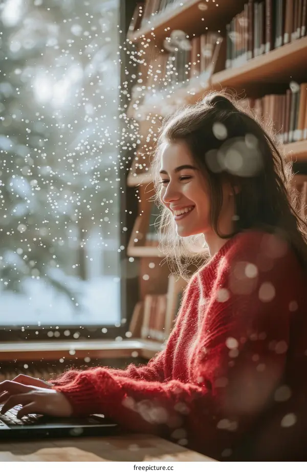 Young woman in red sweater using laptop in library