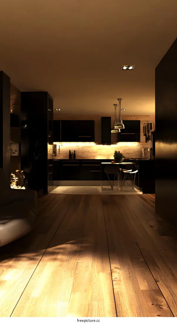 Modern Kitchen Interior Design with Black Cabinets and Wooden Floors