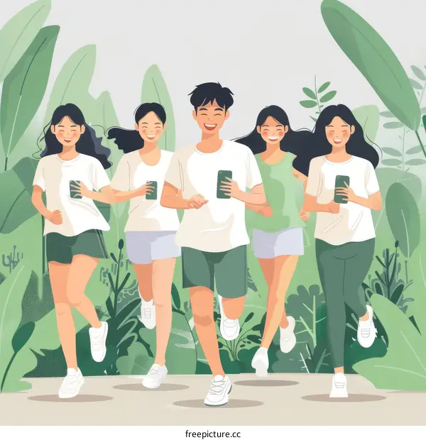 Group of friends running in a park